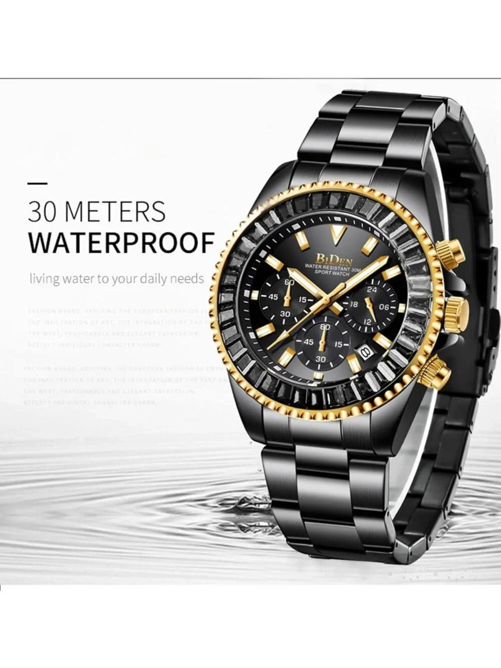 Men's Black Luxury Stainless Steel Analog Chronograph Waterproof Classic Watch